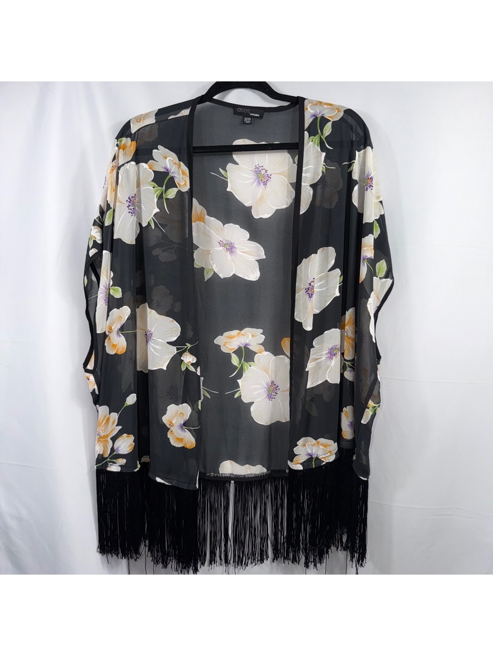 ASOS Women’s US 8 Black Floral Sheer Kimono Fringe Open Front Boho